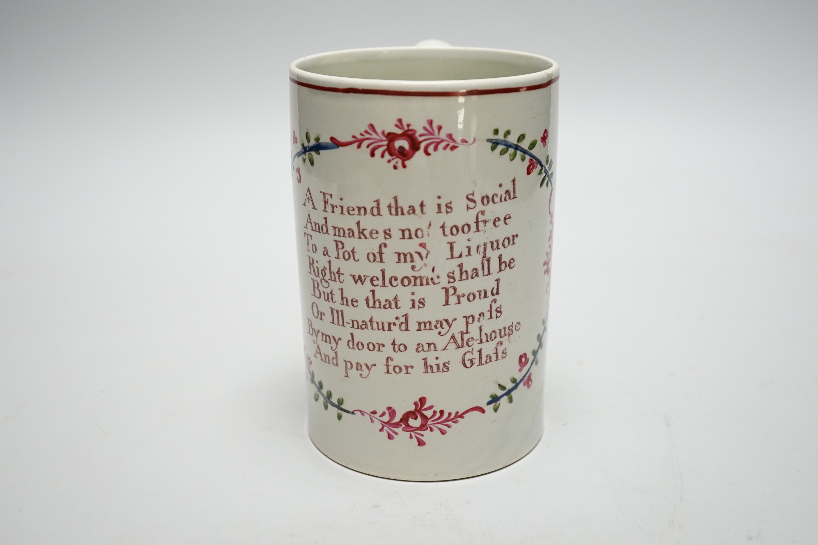 A pearlware mug printed with a verse, c.1790-1800, painted sprigs, 13cm